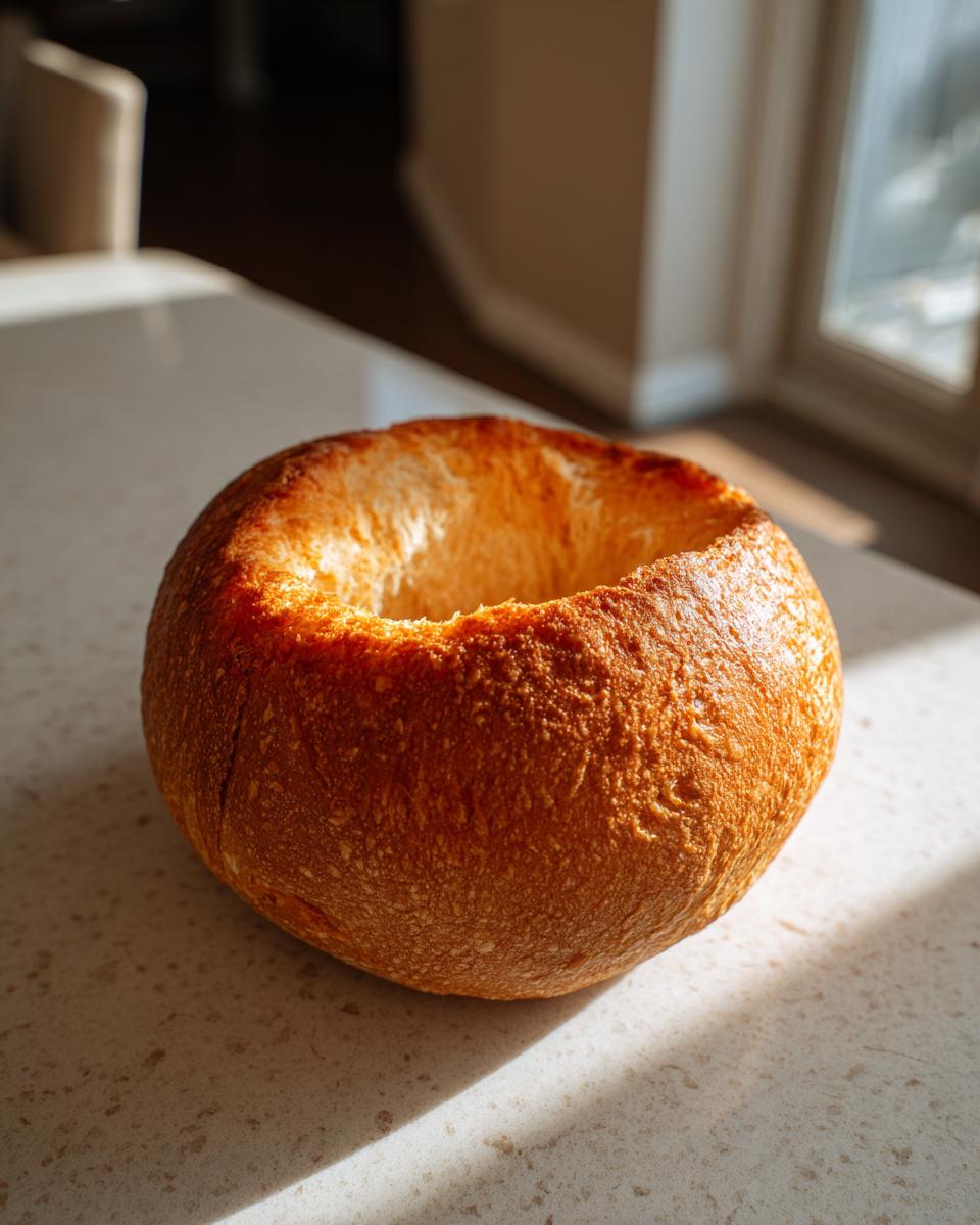 A single, round, golden-brown bread bowl with the top cut out, sitting on a light countertop.