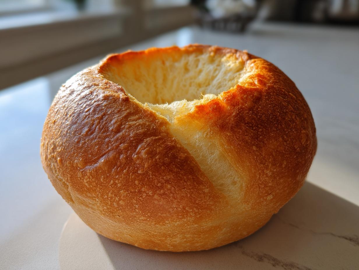 A close-up of a single, round, golden-brown bread bowl with the top cut out, ready to be filled.