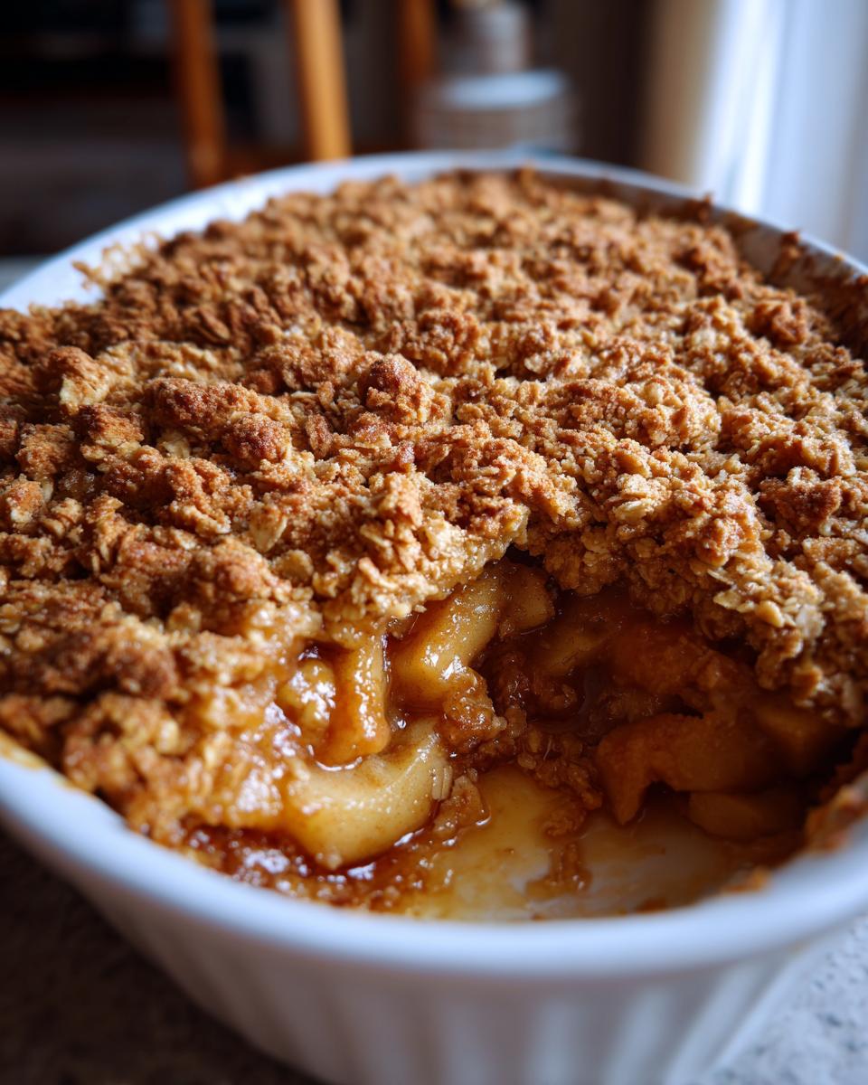 A close-up view of a portion of baked apple crisp, showing bubbling, saucy apples beneath a thick, golden brown oat crumble topping.