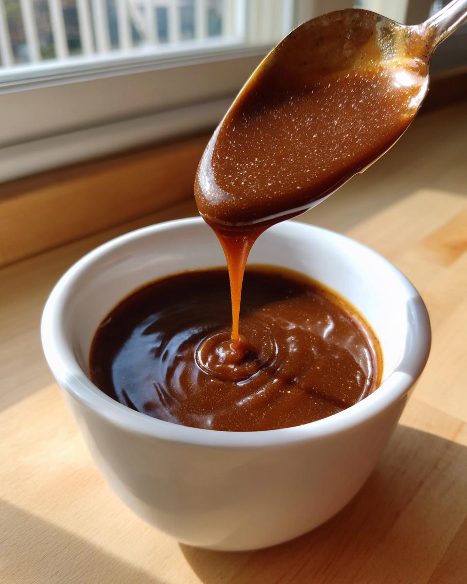 A spoonful of thick, rich homemade brown gravy is drizzled back into a small white bowl, showing its smooth consistency.