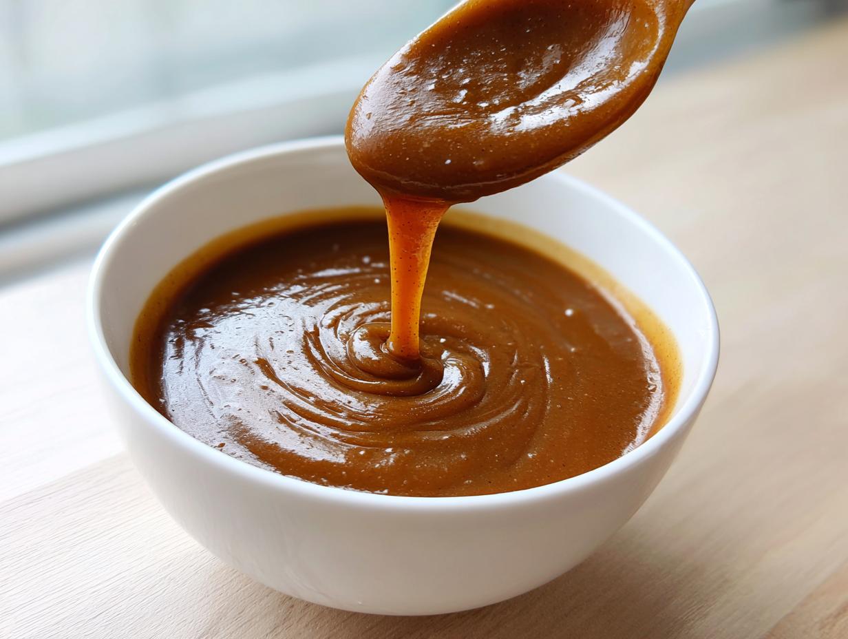 Close-up of thick, rich homemade brown gravy being drizzled from a wooden spoon into a white bowl.