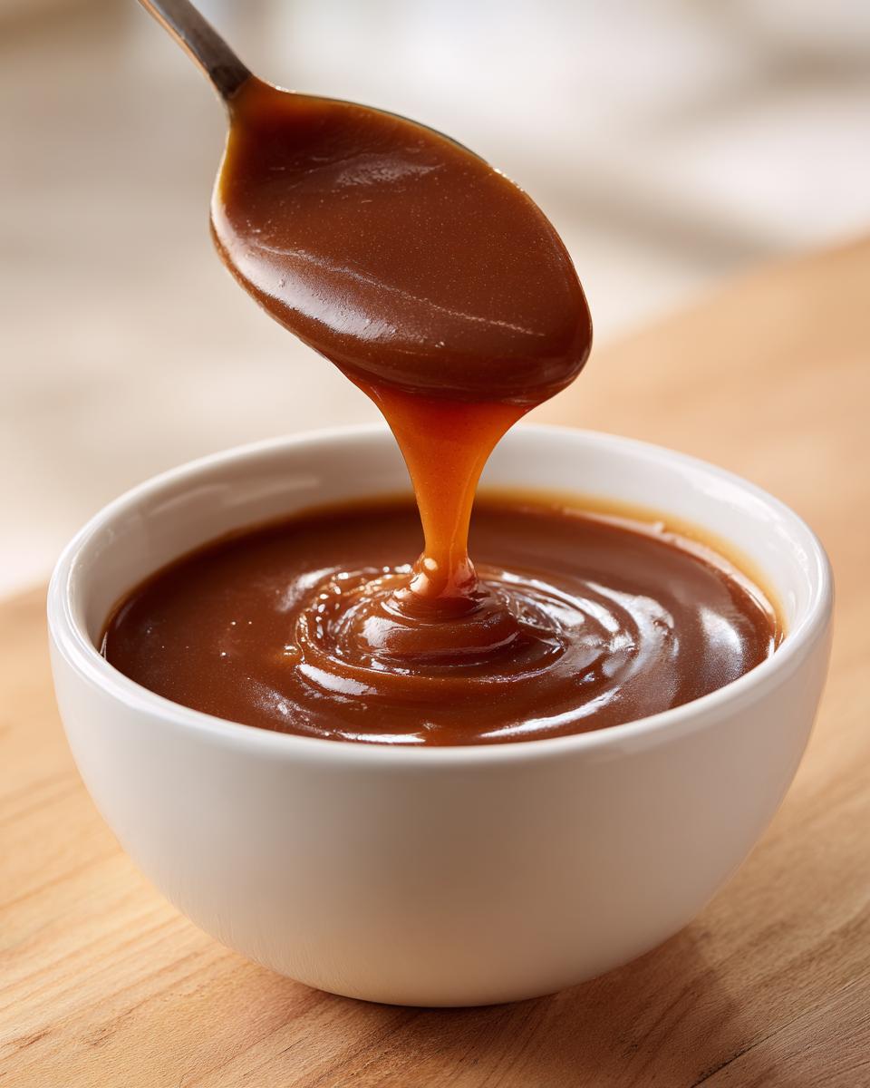 A spoonful of thick, rich homemade brown gravy dripping back into a white bowl.