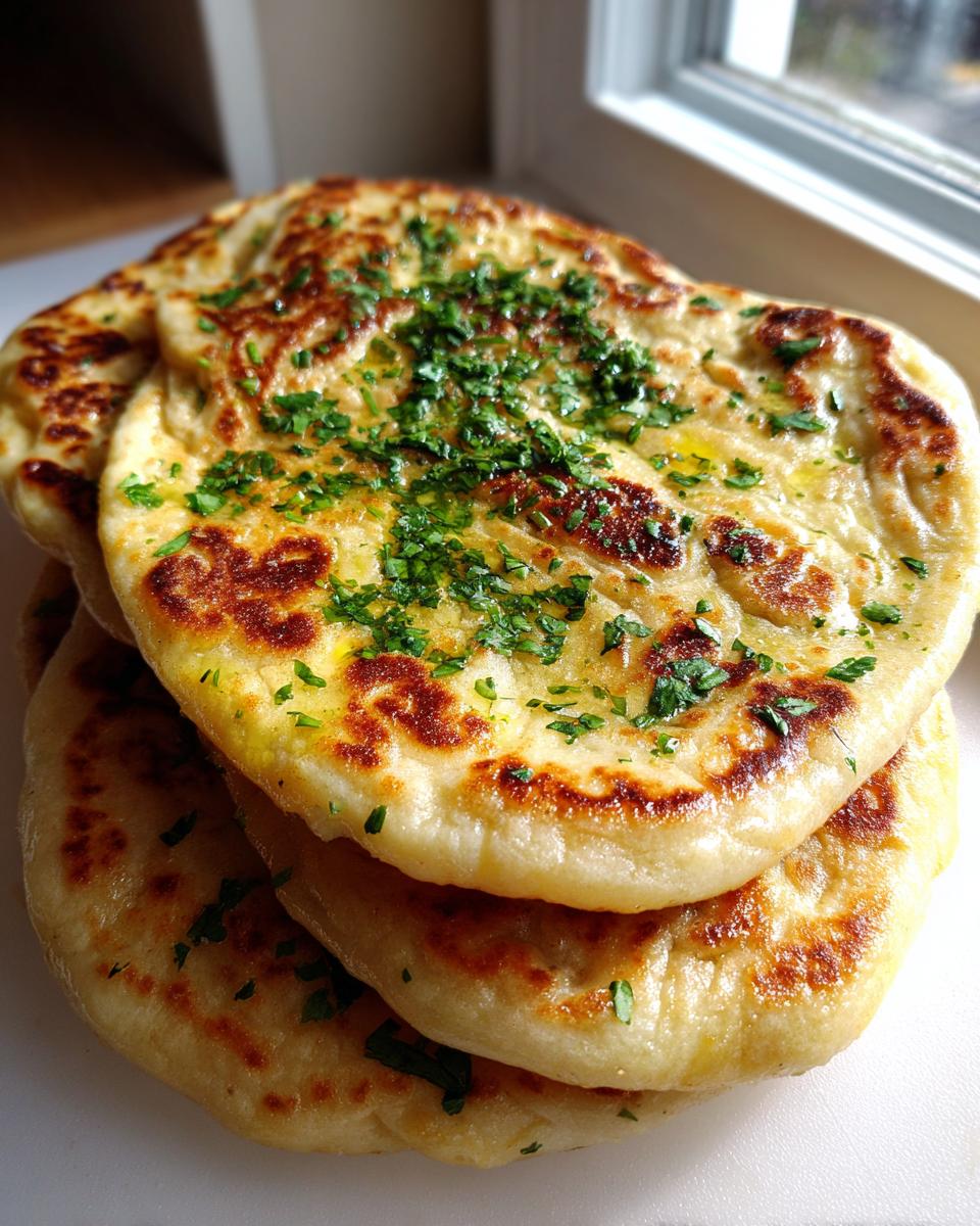 A stack of three freshly cooked naan bread pieces brushed with butter and topped with chopped parsley.