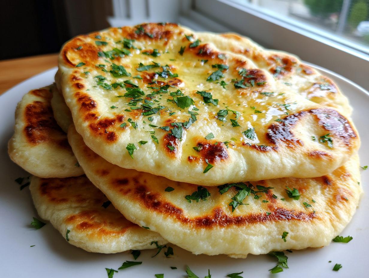 A stack of three freshly cooked naan bread pieces, brushed with butter and sprinkled with fresh parsley.