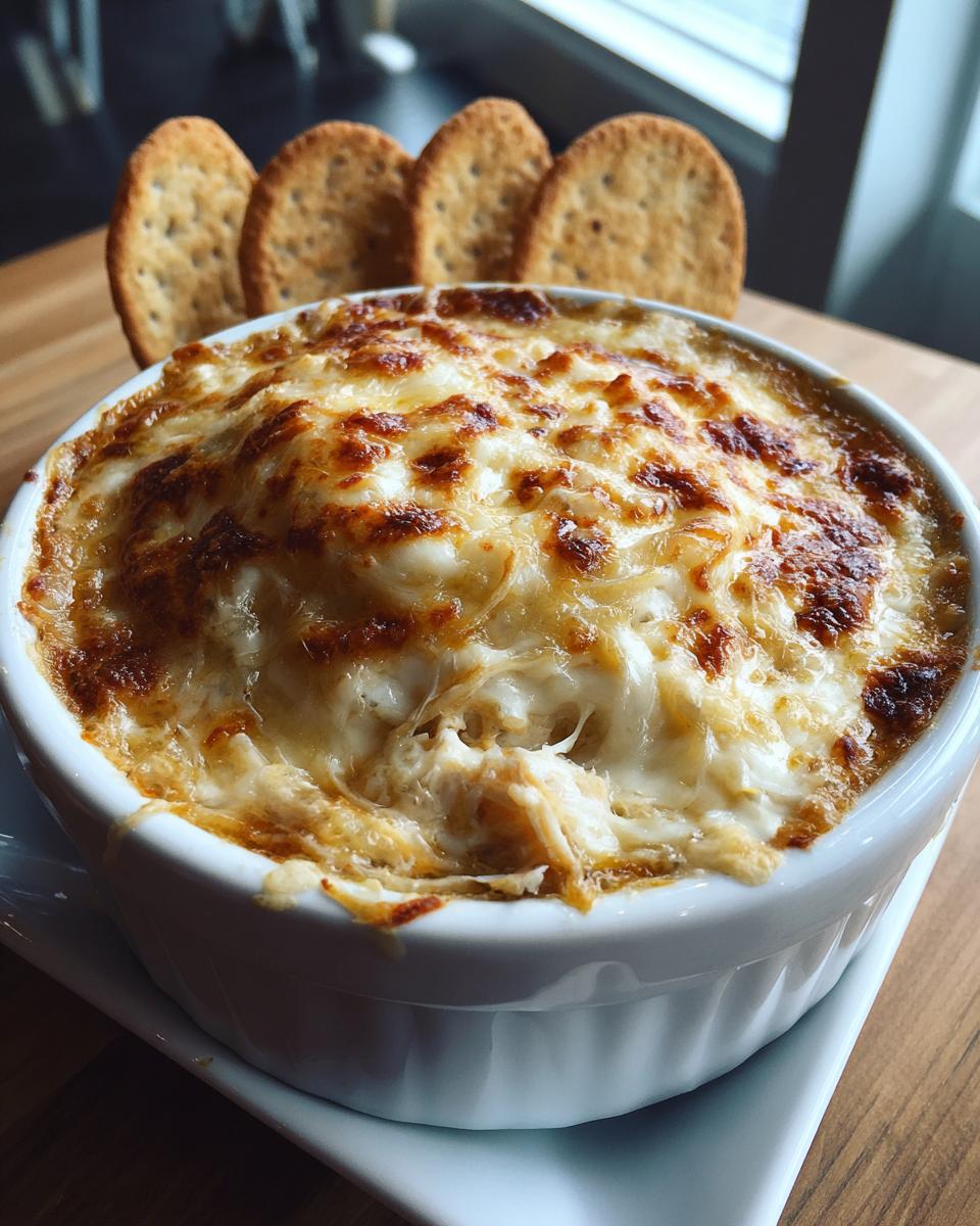 A close-up of a hot, baked reuben dip topped with melted, browned cheese, served with crackers.