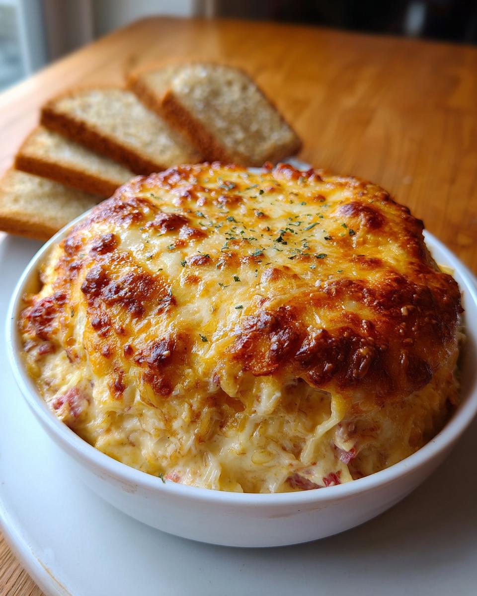 A baked, hot and cheesy reuben dip served in a white bowl with toasted rye bread slices in the background.