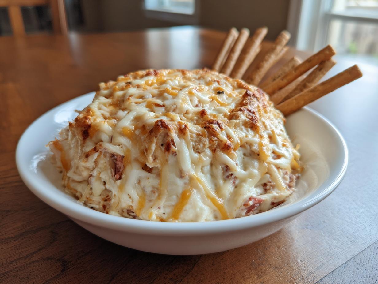 A bowl of hot, baked reuben dip topped with melted, browned cheese, served with breadsticks.