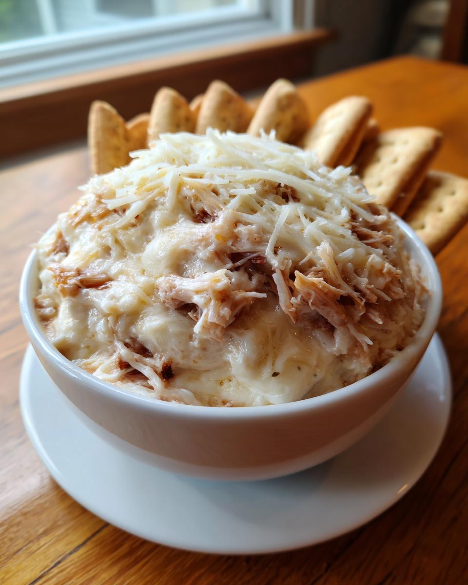 A white bowl filled with hot reuben dip topped with shredded cheese and surrounded by crackers.