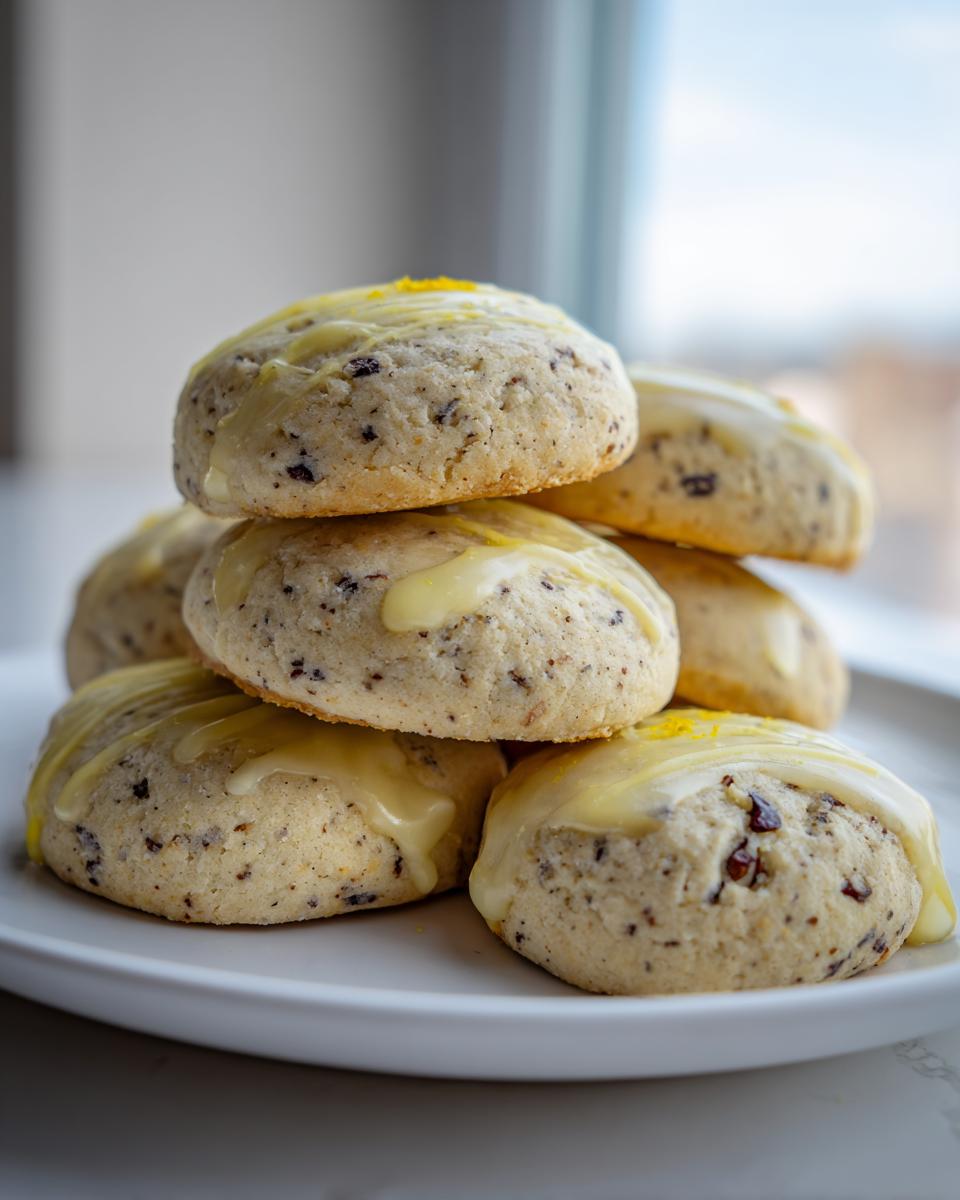 A stack of freshly baked earl grey cookies topped with a light yellow glaze and a sprinkle of lemon zest.