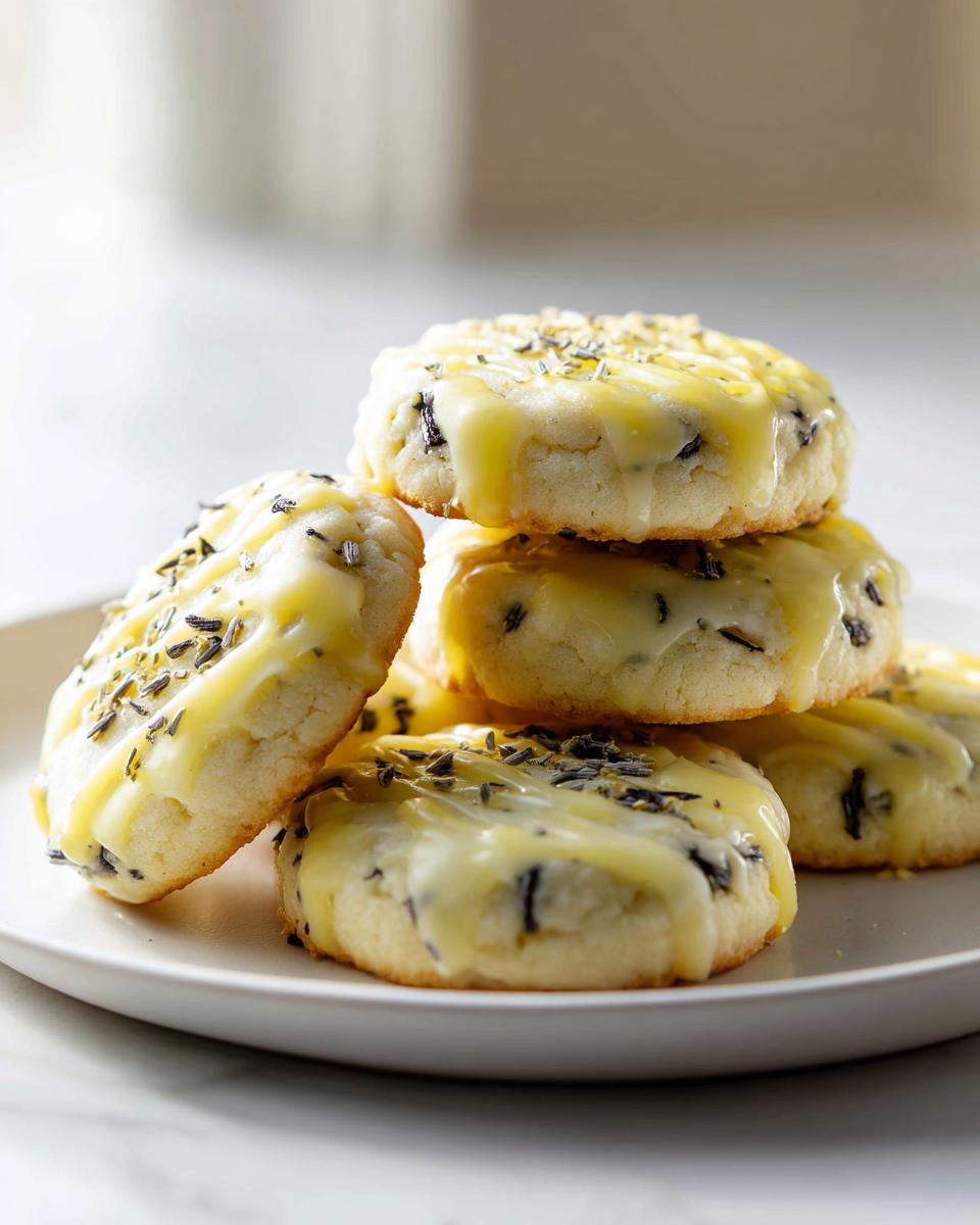 A stack of round, pale earl grey cookies topped with a light yellow glaze and dark lavender buds.