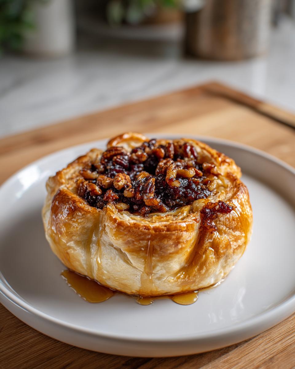 A golden puff pastry wrapped baked brie topped with pecans and drizzled with honey or syrup.