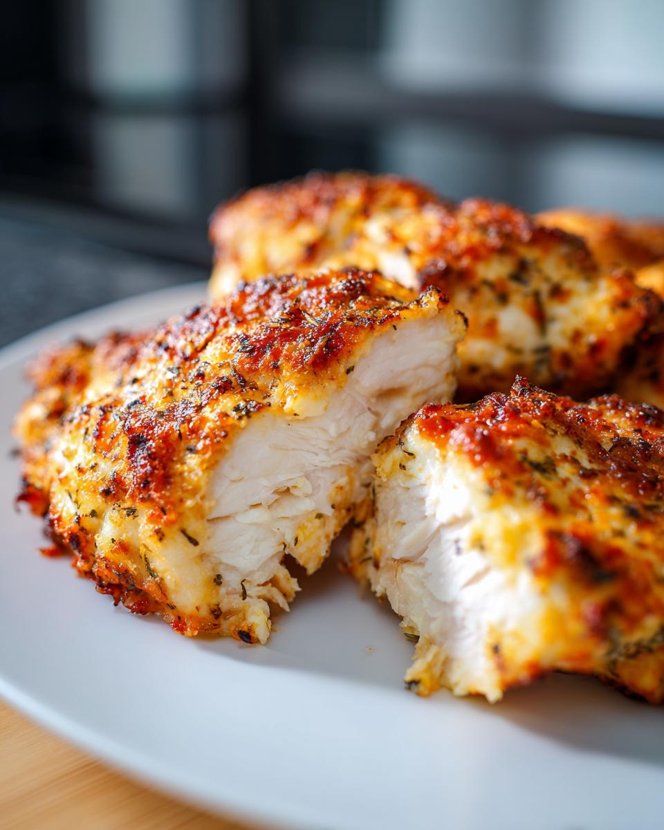 Close-up of juicy baked ranch chicken breast cut in half showing white, moist interior and seasoned crust.