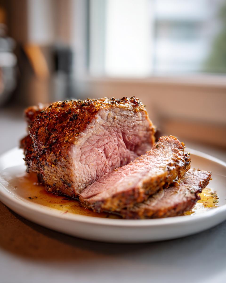 Close-up of a perfectly cooked, sliced baked chicken breast showing a juicy pink center and seasoned crust.
