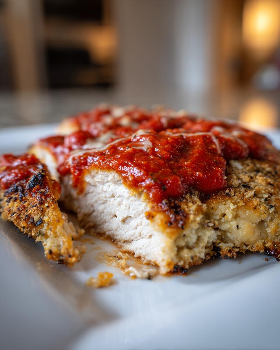 A close-up of a sliced keto chicken parmesan showing the white, moist interior and crispy crust topped with marinara sauce.