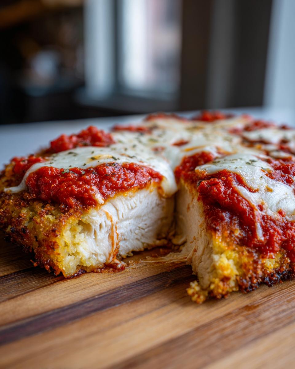 Close-up of keto chicken parmesan cut in half showing juicy white meat, crispy crust, marinara sauce, and melted mozzarella cheese.