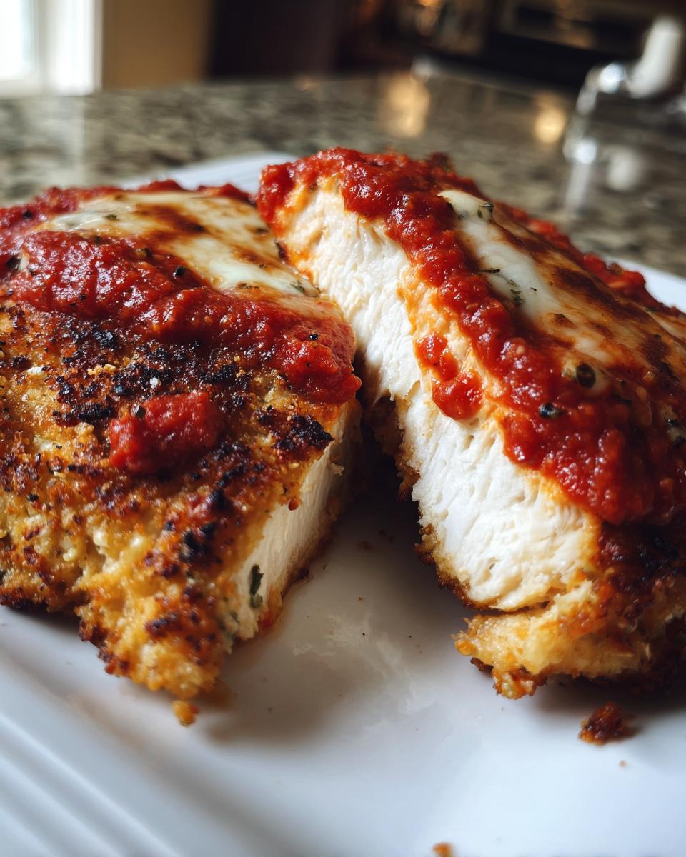 A close-up of keto chicken parmesan cut in half, showing juicy white meat, crispy crust, marinara sauce, and melted mozzarella.