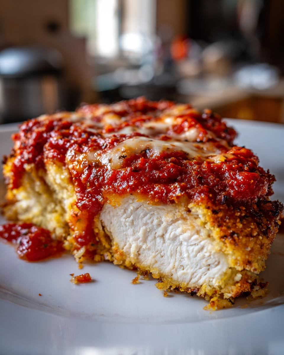 Close-up of a thick slice of keto chicken parmesan showing the white, juicy chicken breast inside the crispy crust, topped with marinara sauce and melted cheese.