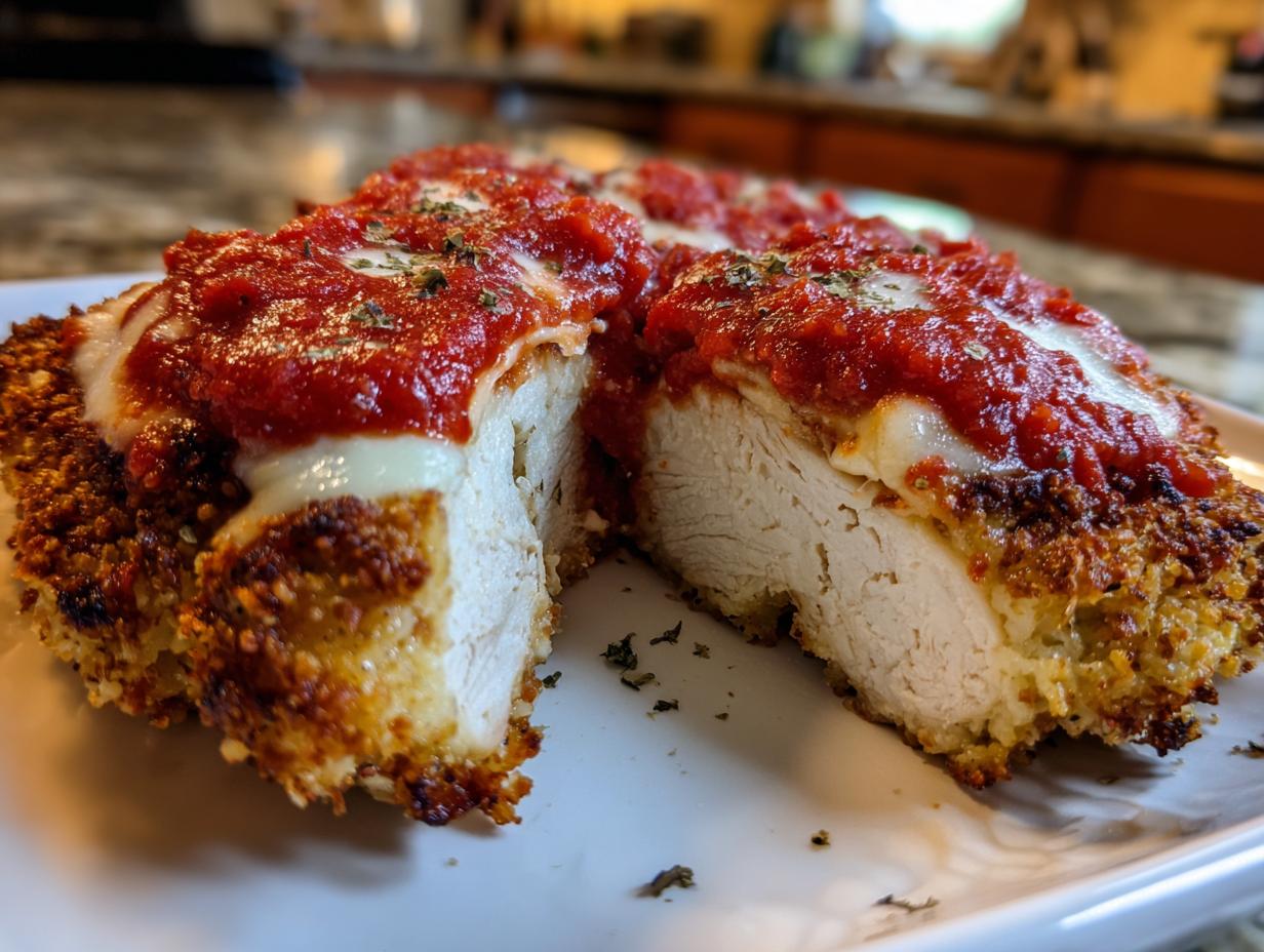 Close-up of keto chicken parmesan cut in half, showing juicy white meat, crispy crust, melted mozzarella, and marinara sauce.
