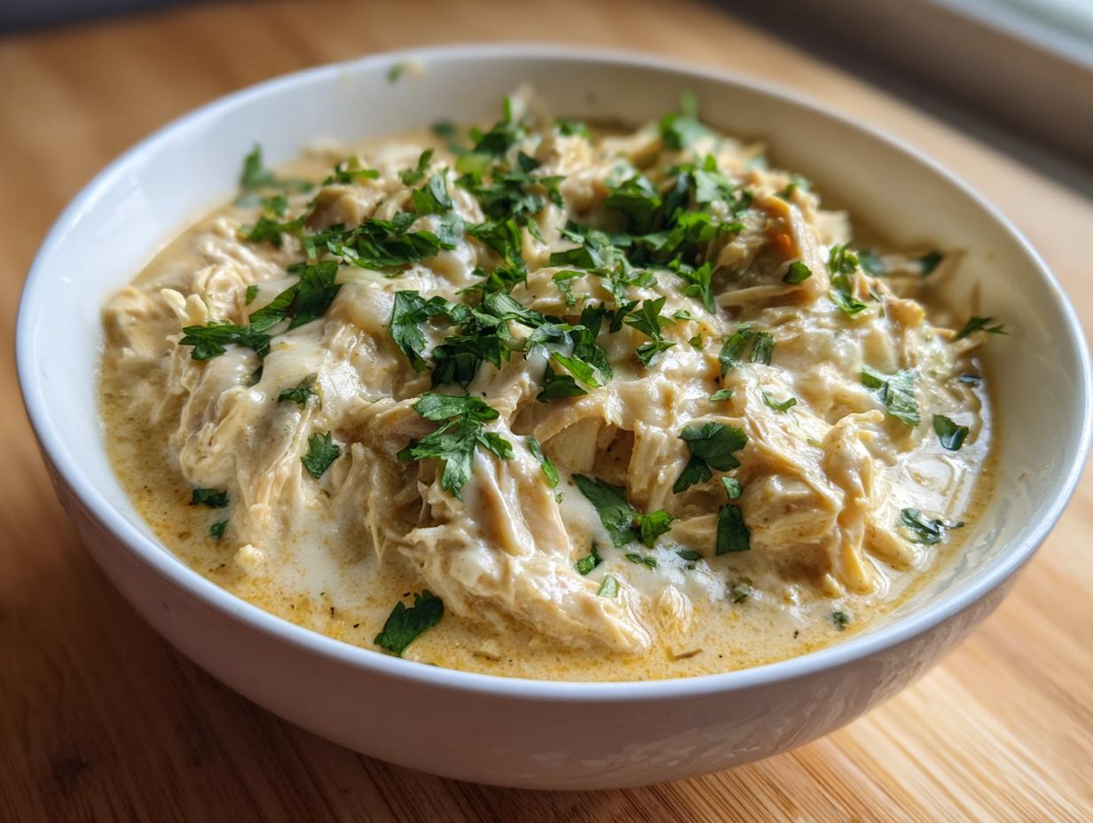 A close-up of a bowl filled with creamy keto white chicken chili, topped generously with fresh chopped parsley.