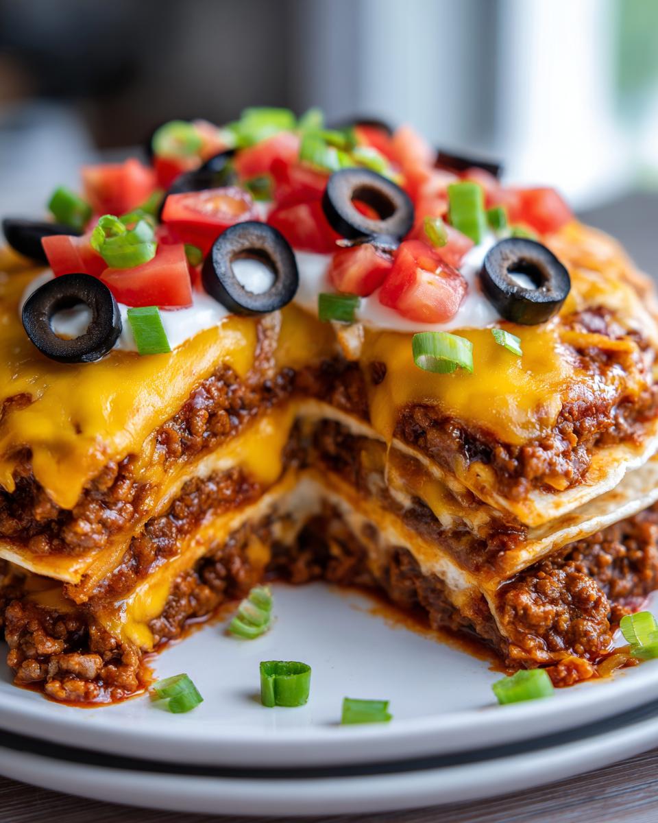 A cross-section view of a layered Mexican pizza stacked high with seasoned beef, melted cheese, sour cream, tomatoes, and black olives.