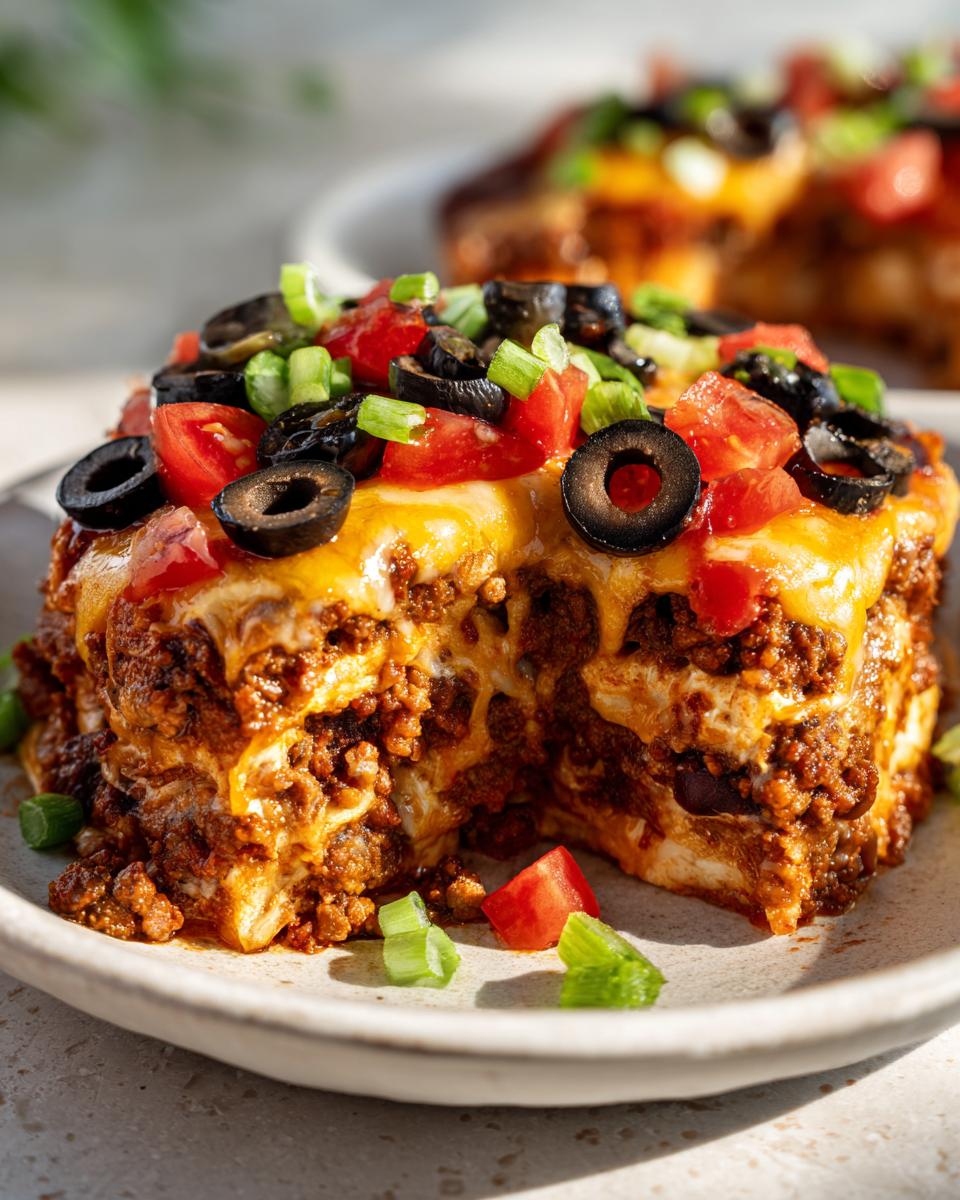 Close-up of a serving of layered Mexican pizza showing seasoned ground beef, melted cheese, black olives, tomatoes, and green onions.