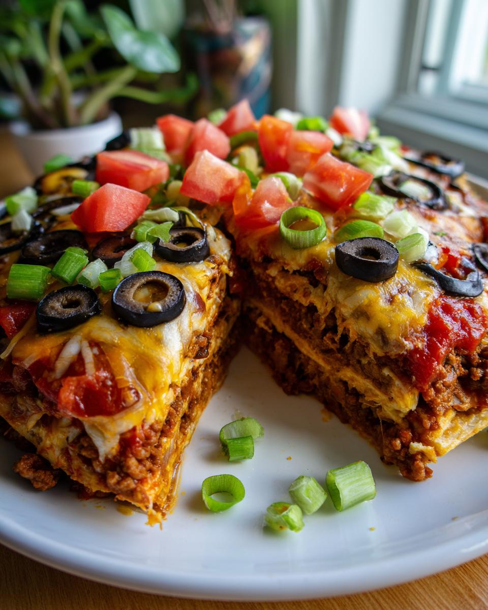 A thick, layered Mexican pizza cut in half, topped with melted cheese, black olives, tomatoes, and green onions.