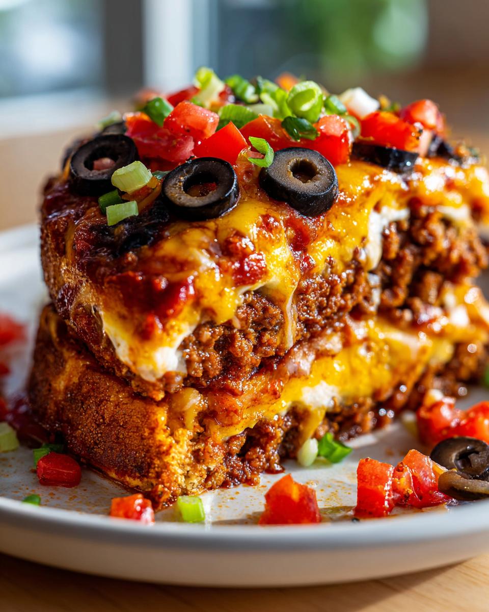 A close-up, layered stack of Mexican pizza featuring seasoned ground beef, melted cheese, and topped with sliced black olives, diced tomatoes, and green onions.
