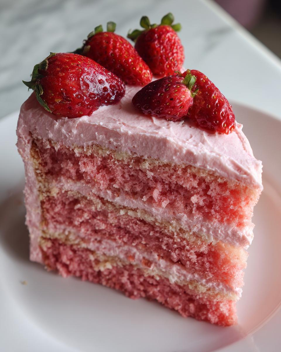 A tall slice of layered strawberry cake with pink frosting and topped with whole fresh strawberries.