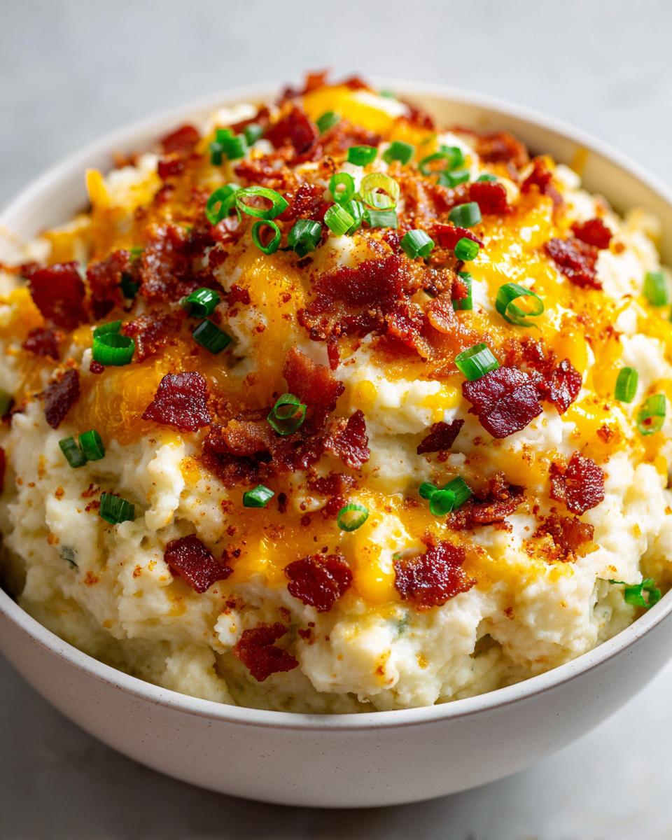 A close-up of a bowl filled with creamy loaded mashed potatoes topped generously with melted cheddar cheese, crispy bacon bits, and fresh green onions.