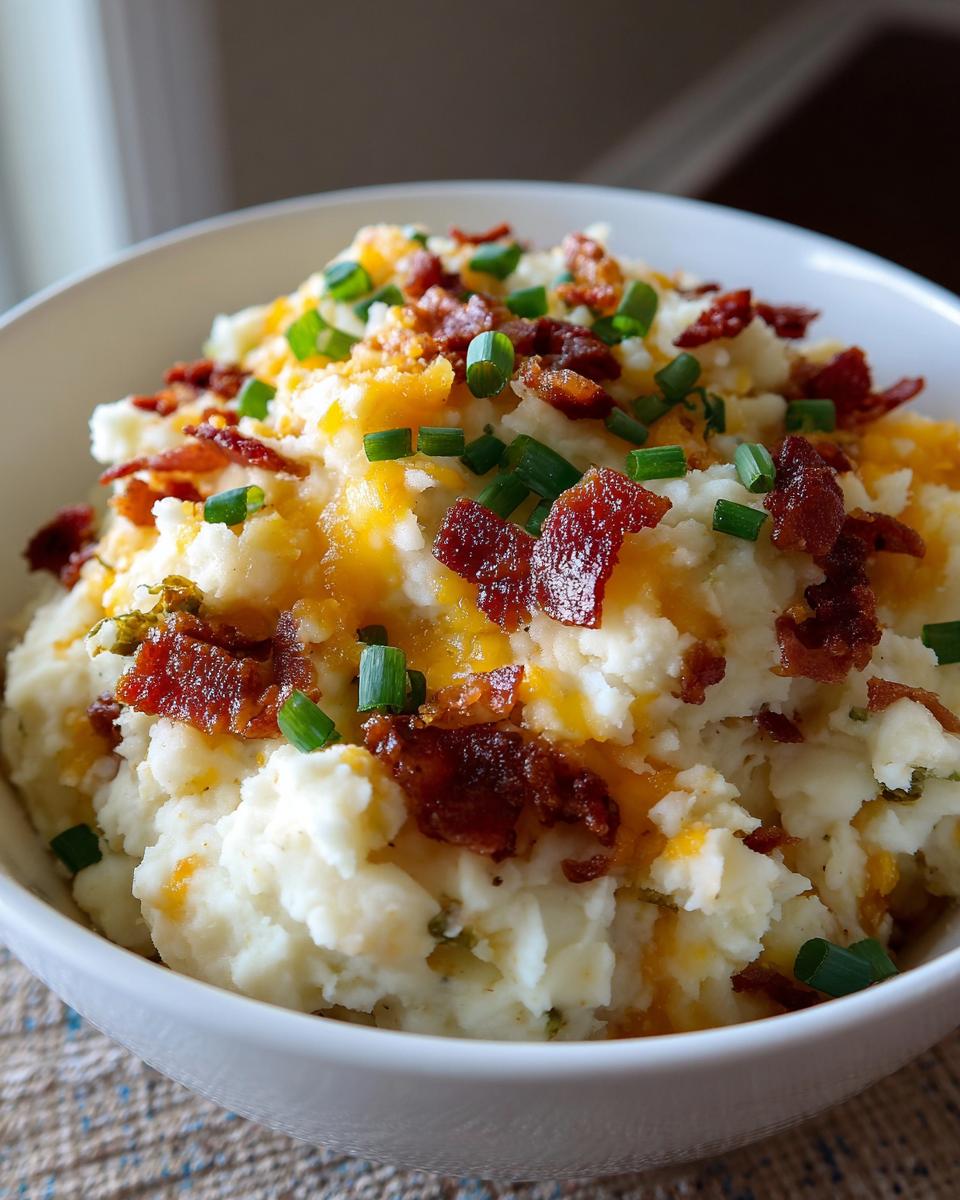 A close-up of a white bowl filled with creamy loaded mashed potatoes topped with shredded cheddar cheese, crispy bacon bits, and fresh chives.