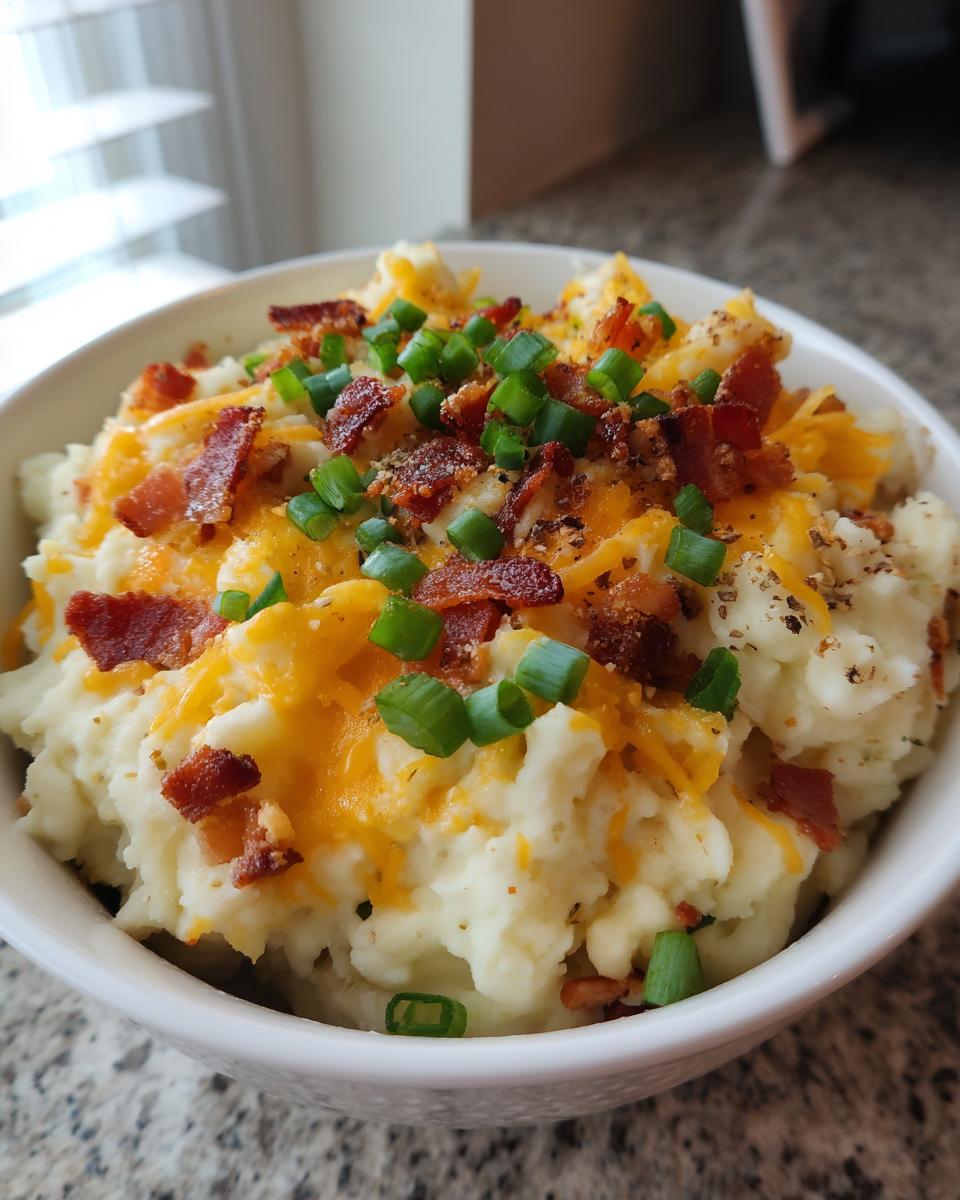 A close-up of a white bowl filled with creamy loaded mashed potatoes topped with melted cheddar, crispy bacon bits, and fresh green onions.