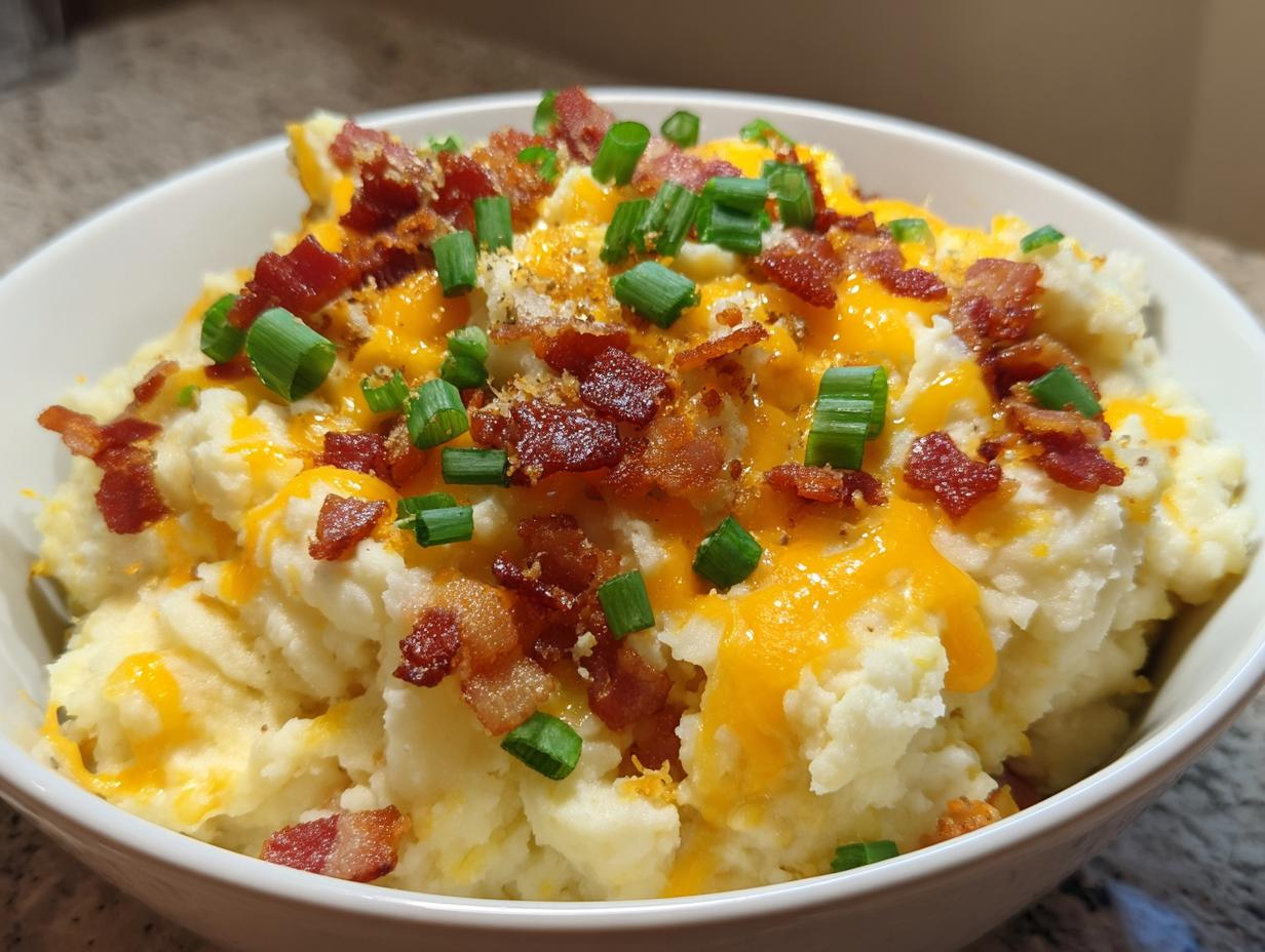 A close-up of a white bowl filled with creamy loaded mashed potatoes topped with melted cheddar cheese, crispy bacon bits, and fresh green onions.