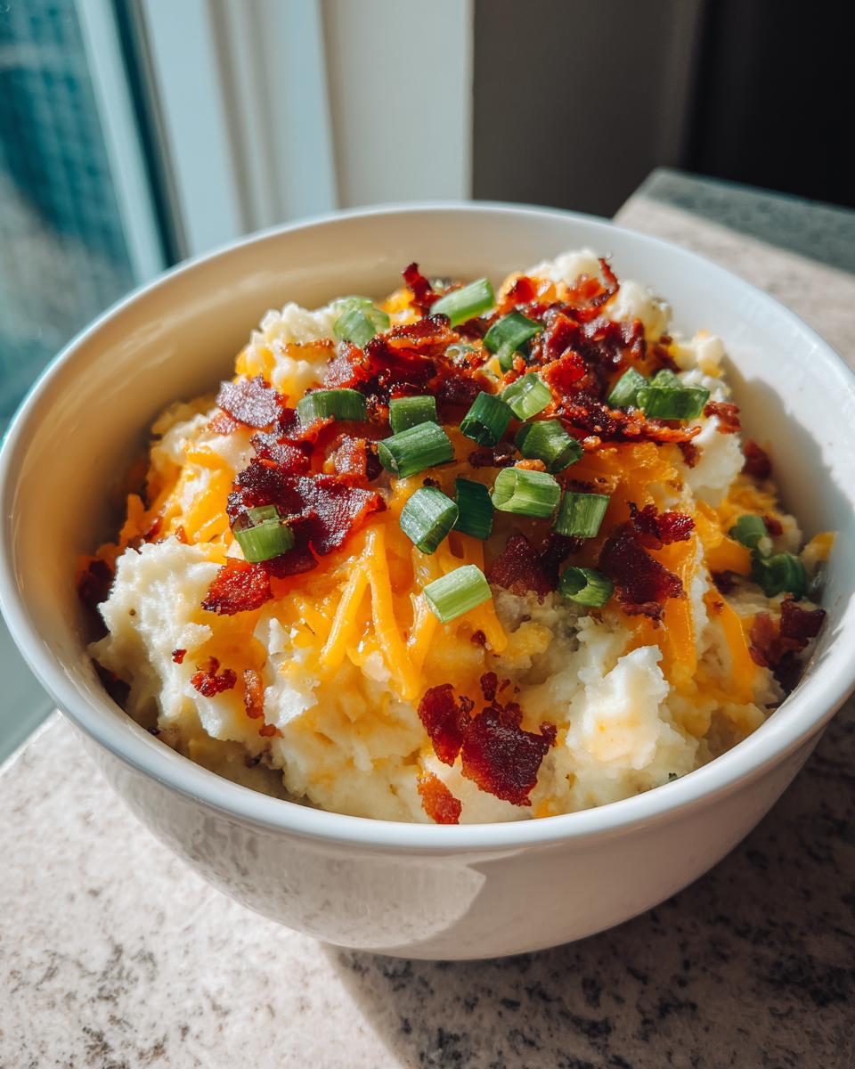A close-up of a white bowl filled with creamy loaded mashed potatoes topped with shredded cheddar, bacon bits, and green onions.
