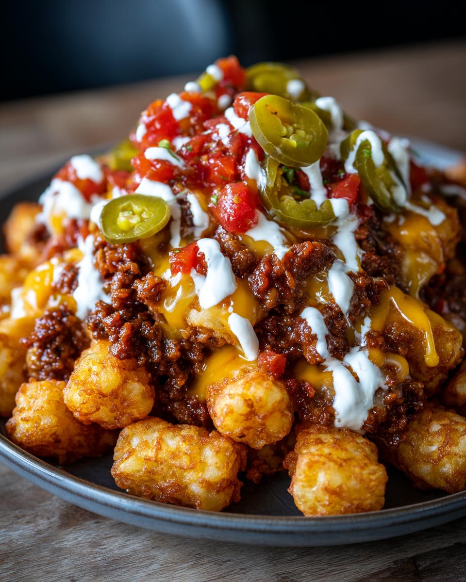 A close-up of loaded tater tot nachos piled high with chili, melted cheese, salsa, sour cream drizzle, and sliced jalapeƱos.