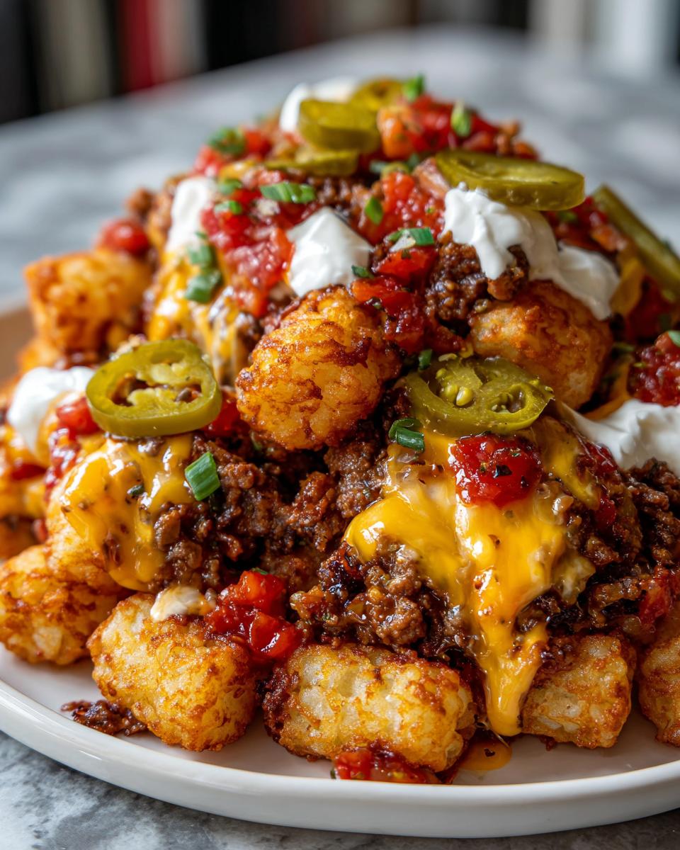 A towering plate of loaded tater tot nachos topped with chili, melted cheese, sour cream, and jalapeƱos.