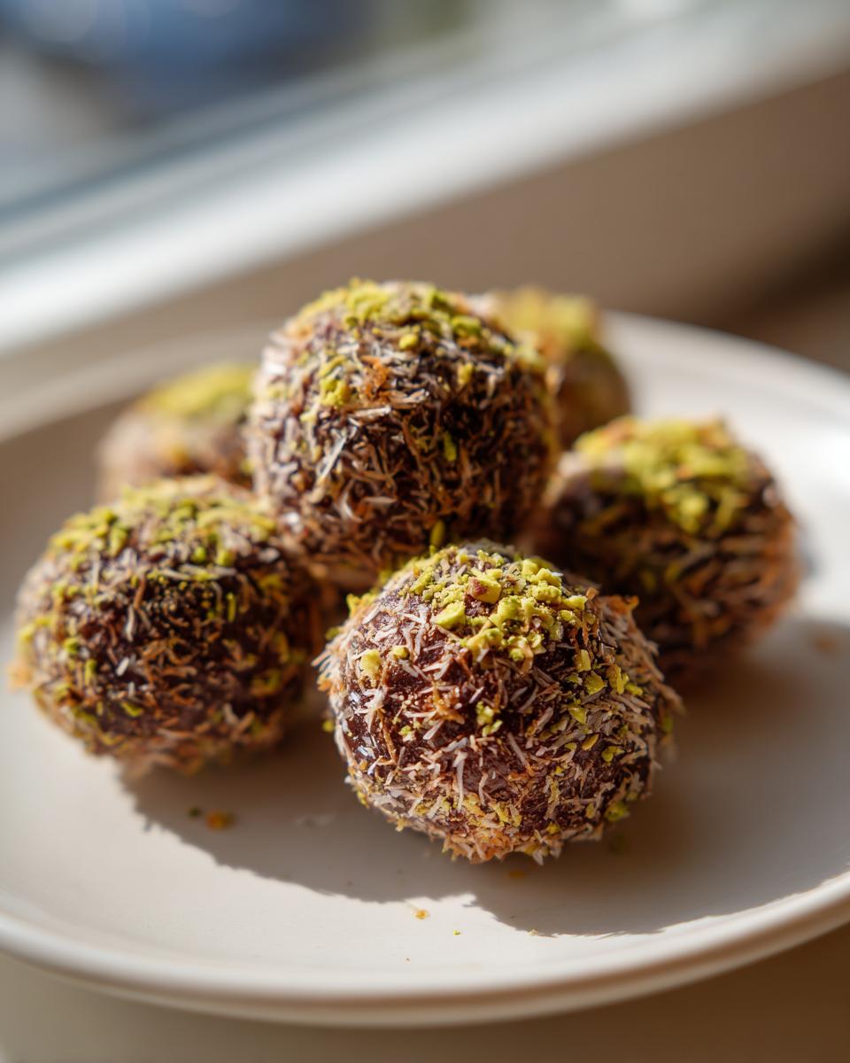 A small plate holds several rich, dark dubai chocolate balls coated in shredded coconut and topped with bright green crushed pistachios.