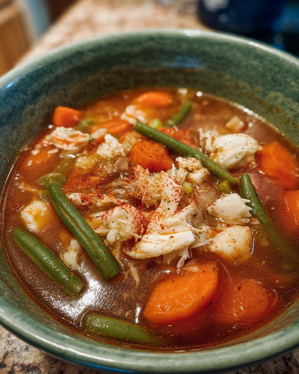 Close-up of a bowl of rich Maryland crab soup topped with lump crab meat, carrots, and green beans.