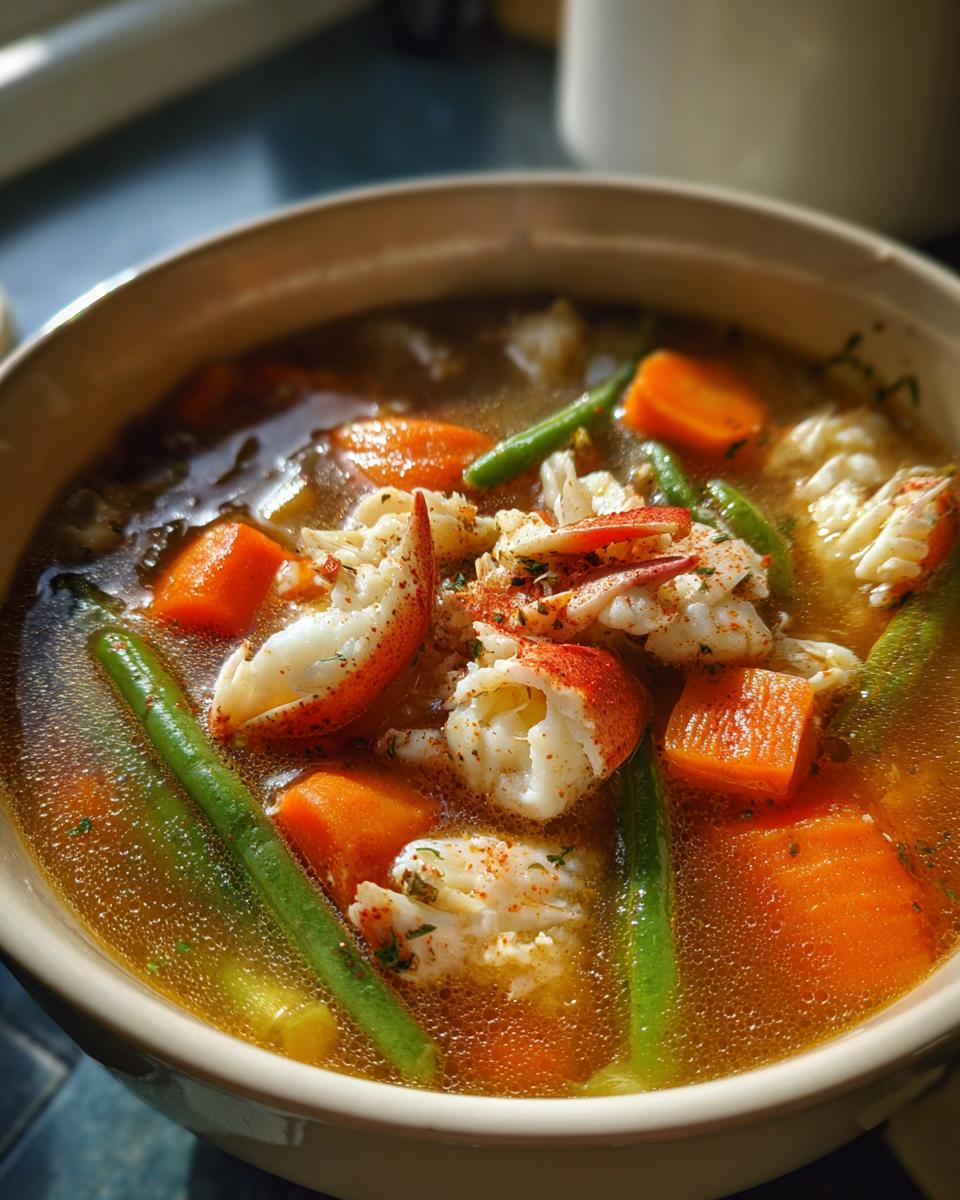 Close-up of a bowl of Maryland crab soup featuring chunks of white crab meat, bright orange carrots, and green beans in a rich broth.