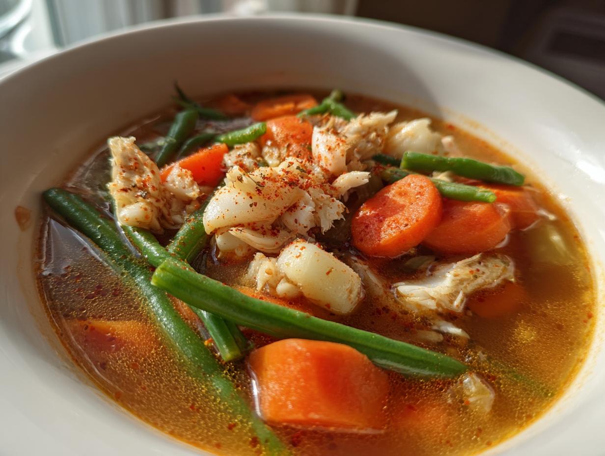 A close-up bowl of vibrant Maryland crab soup featuring large chunks of crab meat, sliced carrots, and green beans in a rich broth.