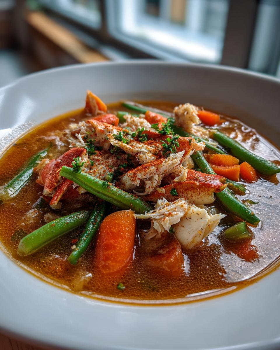Close-up of a rich bowl of Maryland Crab Soup, featuring large chunks of crab meat, carrots, and green beans.