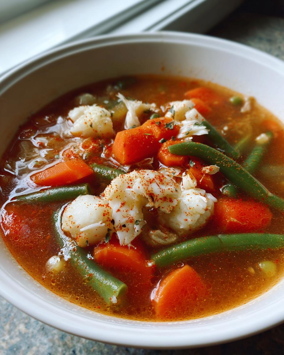 Close-up of a bowl of Maryland crab soup filled with broth, carrots, green beans, cauliflower, and crab meat, sprinkled with seasoning.