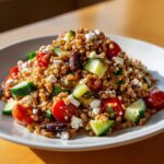 A vibrant close-up of a hearty farro salad mixed with cherry tomatoes, cucumber chunks, Kalamata olives, and crumbled feta cheese.