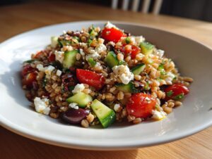 A vibrant, close-up serving of Mediterranean farro salad featuring chewy farro grains, chopped cucumbers, cherry tomatoes, olives, and feta cheese.