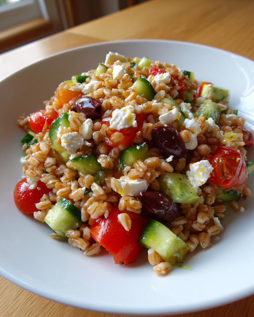 A close-up of a vibrant Mediterranean farro salad featuring farro grains, chopped cucumbers, cherry tomatoes, Kalamata olives, and feta cheese.