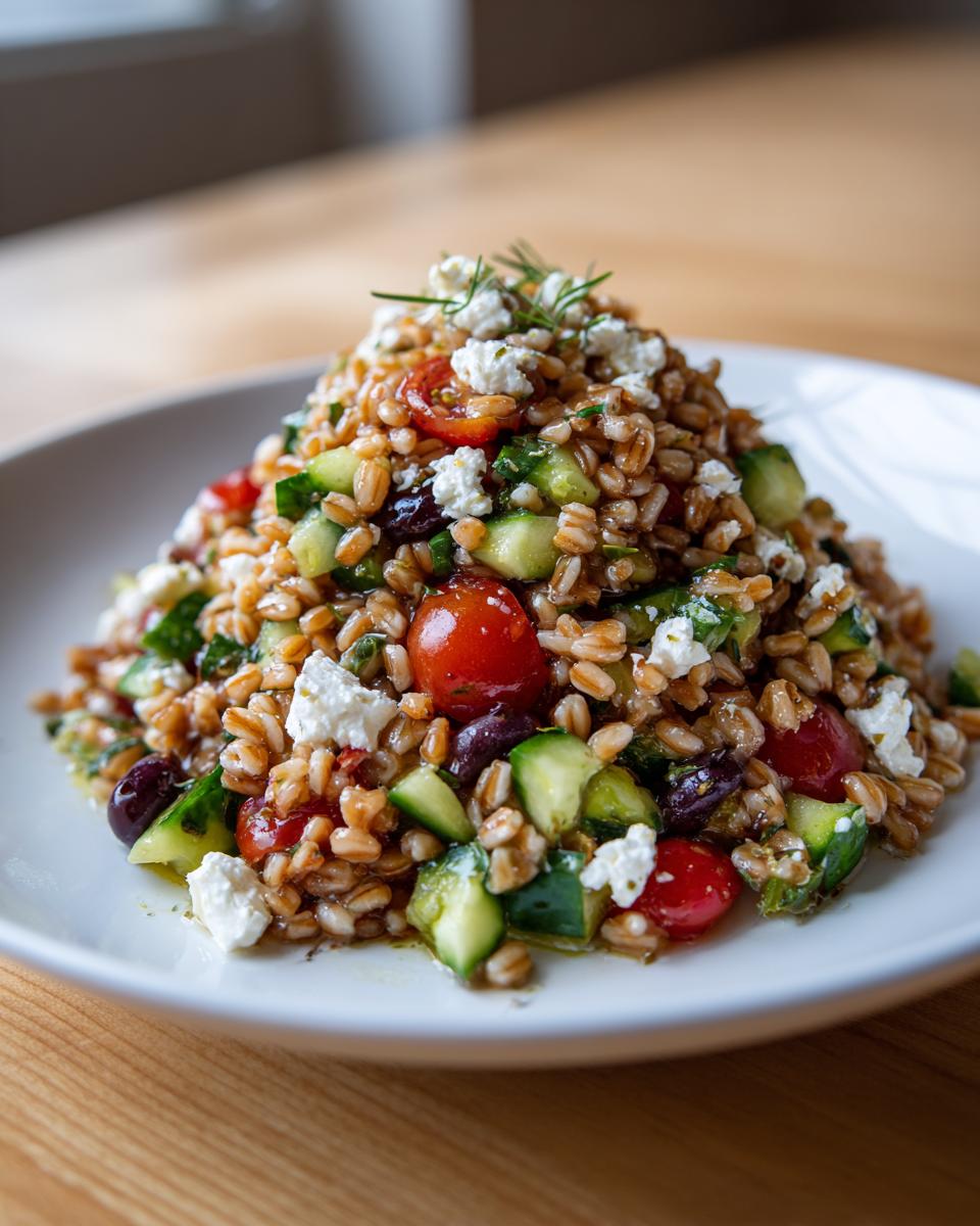 A vibrant mound of Mediterranean farro salad mixed with cucumber, cherry tomatoes, olives, and crumbled feta cheese.