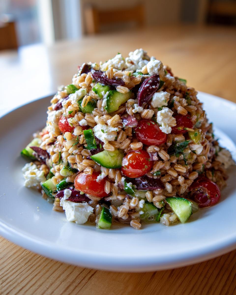 A beautifully plated, mounded portion of Greek-inspired farro salad featuring farro grains, cherry tomatoes, cucumber, olives, and feta cheese.
