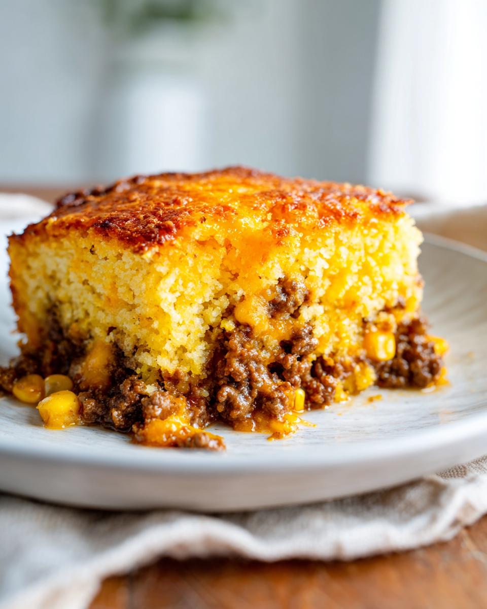 A close-up slice of Mexican cornbread casserole showing a savory ground beef and corn filling topped with golden cornbread.