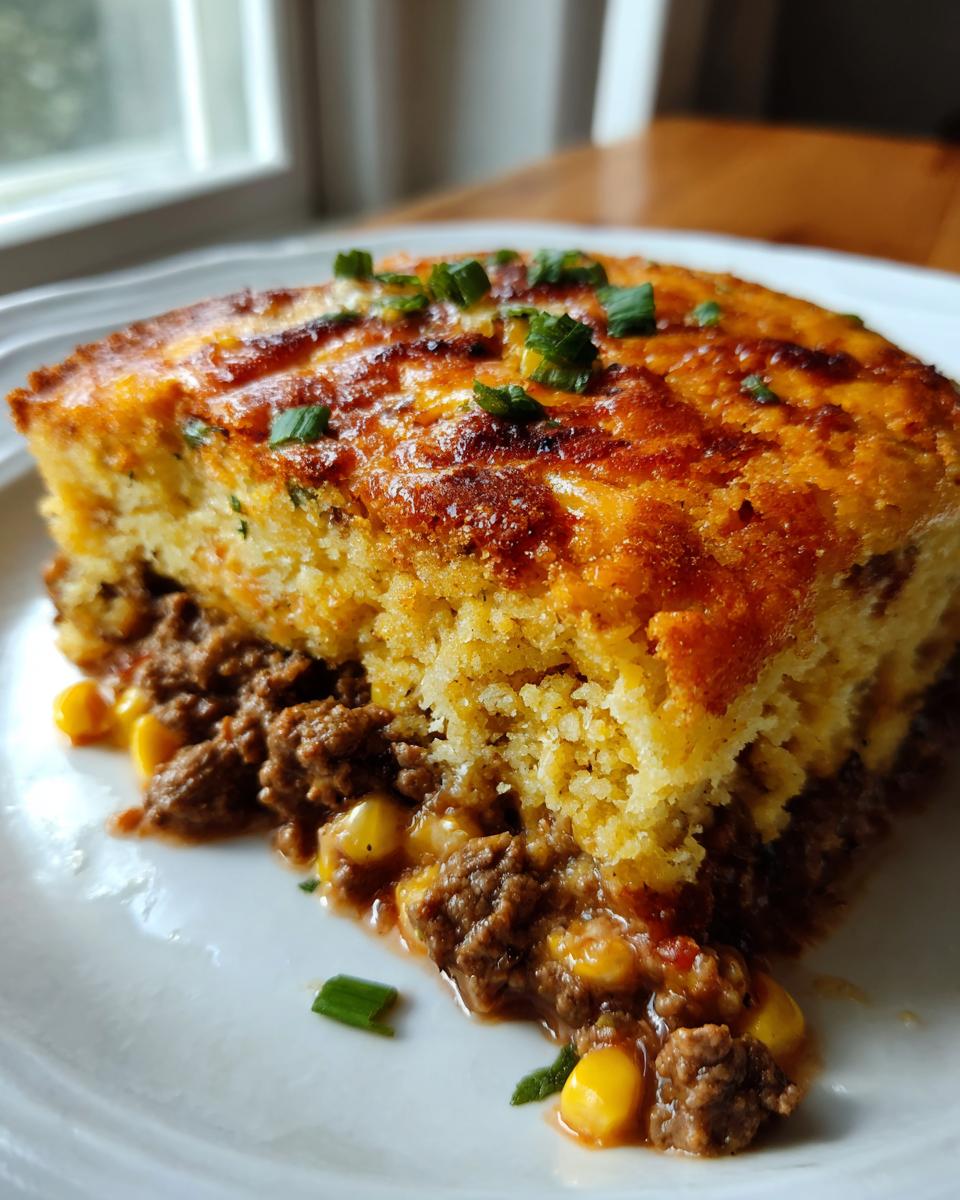 A close-up serving of Mexican cornbread casserole showing a thick, golden cornbread top over a savory ground beef and corn filling.