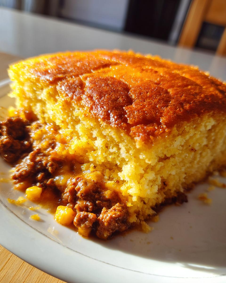 Close-up of a moist slice of Mexican cornbread casserole topped with savory ground meat chili.