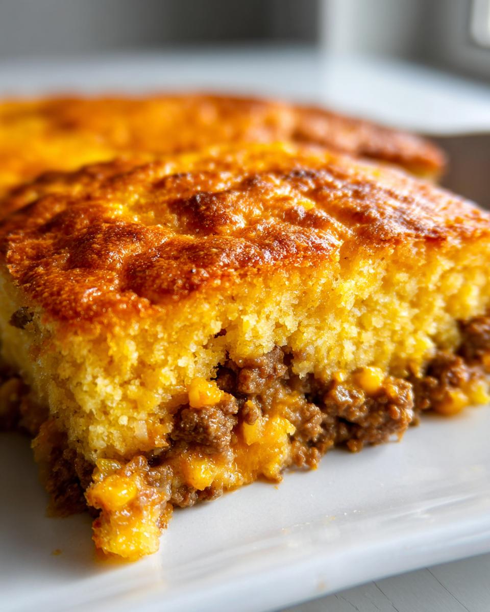 Close-up of a slice of golden Mexican cornbread casserole showing the savory ground meat and cheese filling underneath.